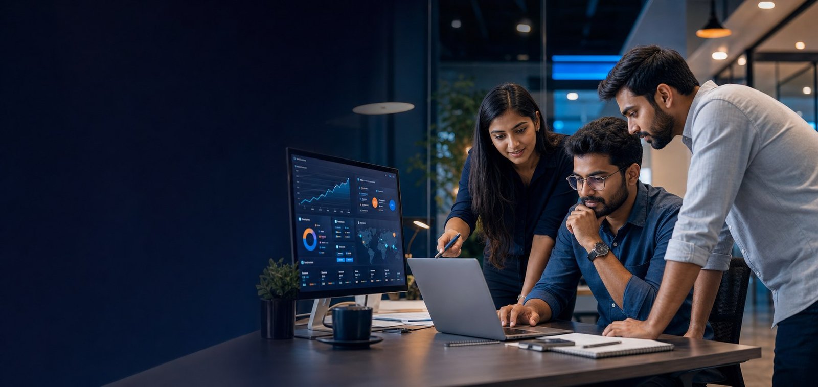 Indian digital agency professionals collaborating around a laptop and analytics dashboard